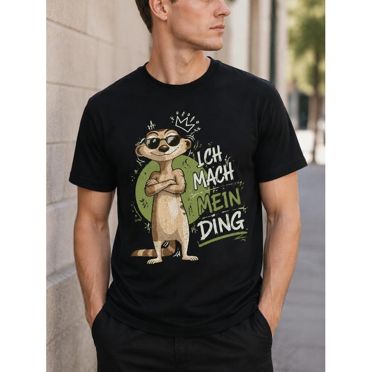Men s black short-sleeve crew neck t-shirt with cool meerkat graphic and German phrase Ich mach mein Ding , soft cotton feel, casual streetwear S чёрный