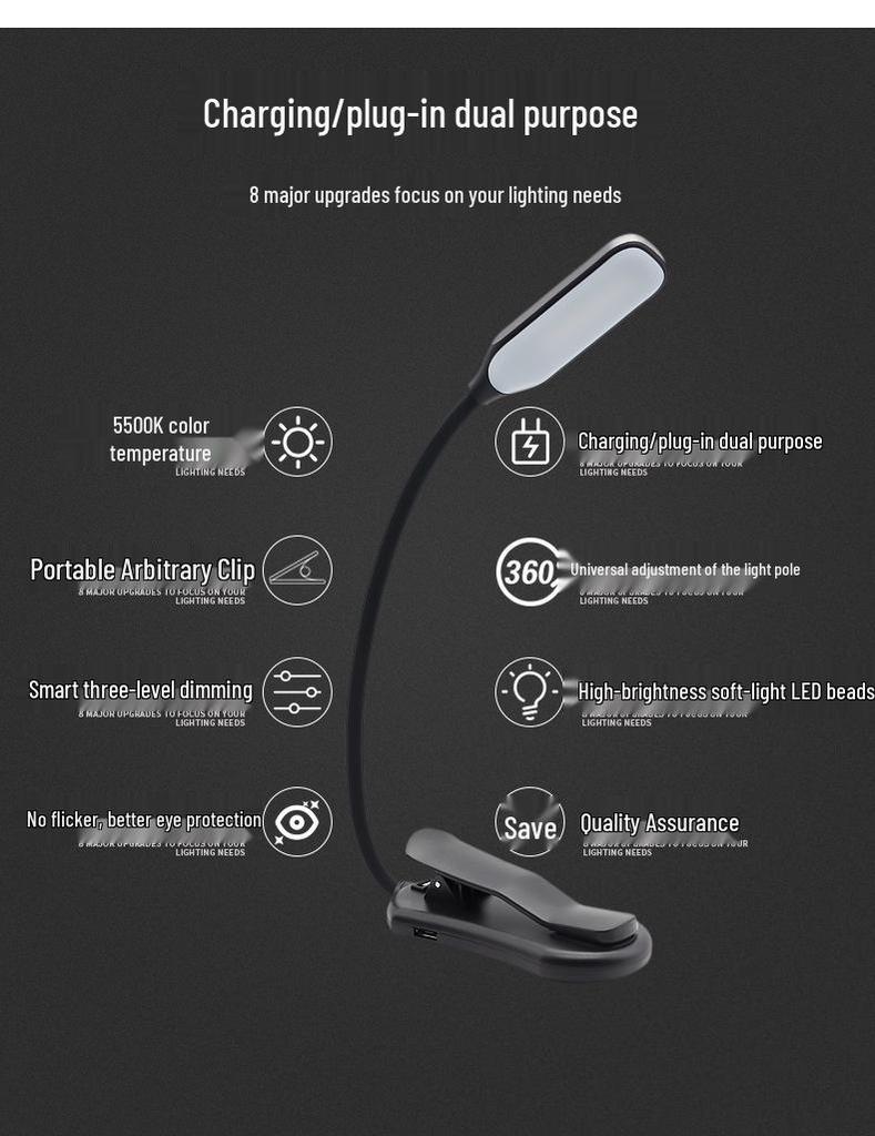 Clip-On LED Desk Reading Light with Eye Protection and Rechargeable Battery