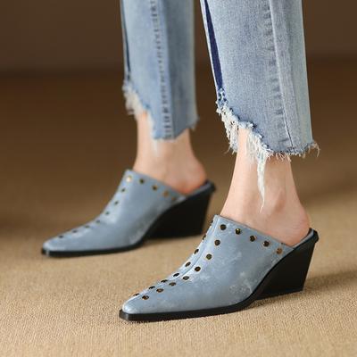 Fashion Women's New Spring/Summer Pointed Genuine Leather Silk Cowhide Metal Rivet Slope Heel High Heel Baotou Muller Slippers