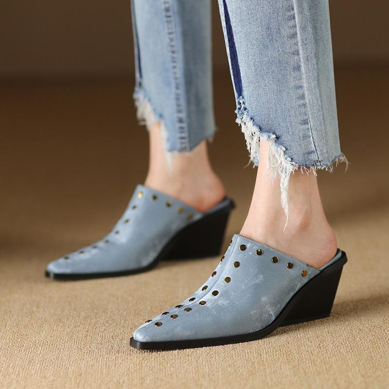 Fashion Women's New Spring/Summer Pointed Genuine Leather Silk Cowhide Metal Rivet Slope Heel High Heel Baotou Muller Slippers