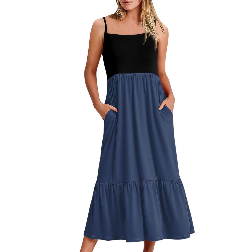 Women's Long Beach Casual Elegant Spaghetti Strap Maxi Dress Stitching Low-key Flowing Bohemian Dress