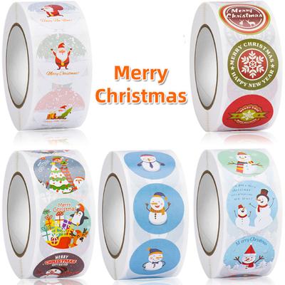Merry Christmas Decorative Stickers Gift Wrap Box Xmas Tags 500pcs Animals Snowman Trees 1 Roll