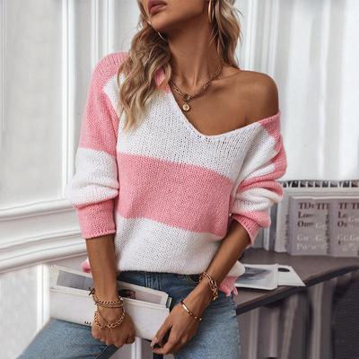 Herbst Winter Vintage Lose Langarm Top Streifen Strickjacke Strickwaren V-ausschnitt Pullover