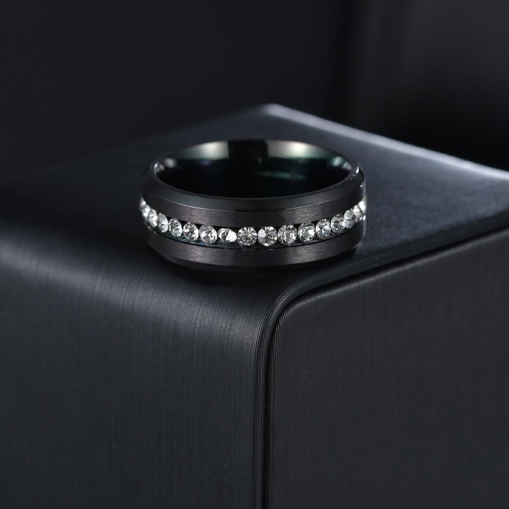 8mm Wide Single Row Full Diamond Zircon Ring Electroplated Black Stainless Steel Pair Ring