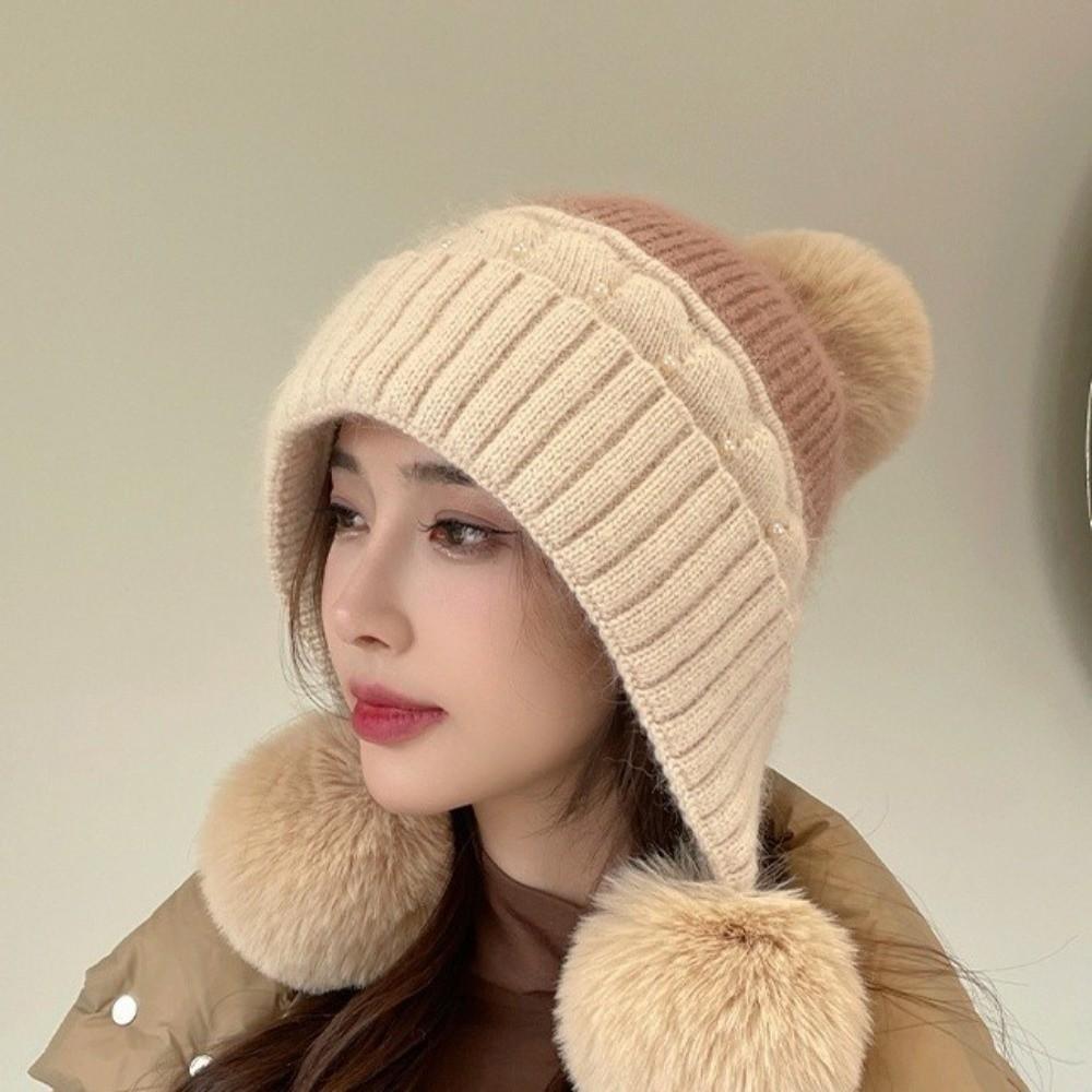 Windproof Plush Beanie Hat Solid Color Ear Protection Hat Fashion Woolen Knitted Cap Girl