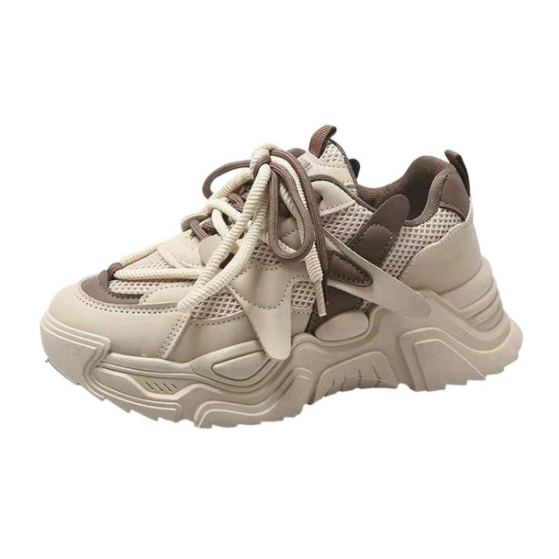 2025 new spring and autumn thick-soled soft-soled lightweight double mesh breathable dad shoes splicing height-increasing and thin sneakers