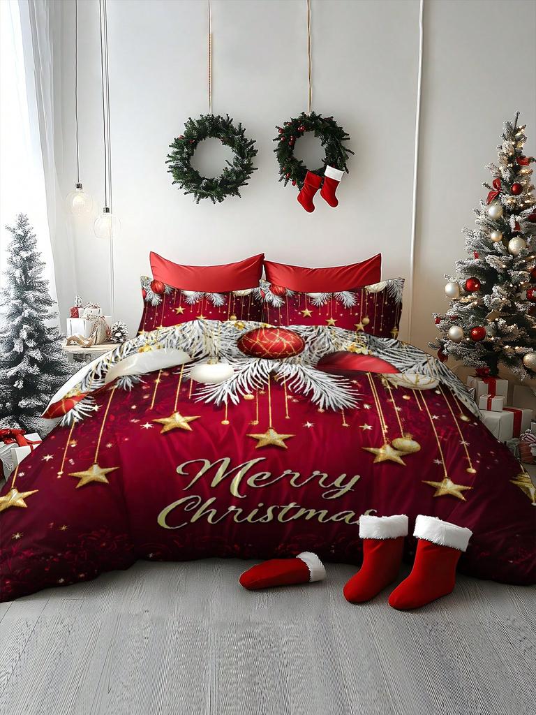 2/3pcs Christmas Tree, Gift, Snowflake, Deer, Santa Claus Pattern Digital Printing Brushed Duvet Cover Set, Soft & Comfortable
