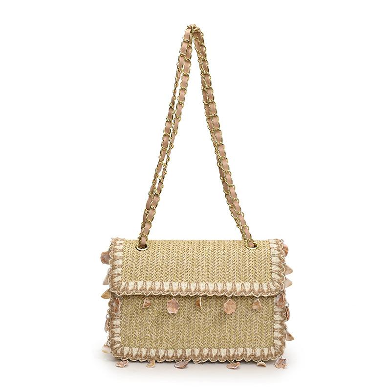 

Bag Women s straw chain messenger bag 2025 new niche design small square bag shell fringe vacation armpit bag хаки