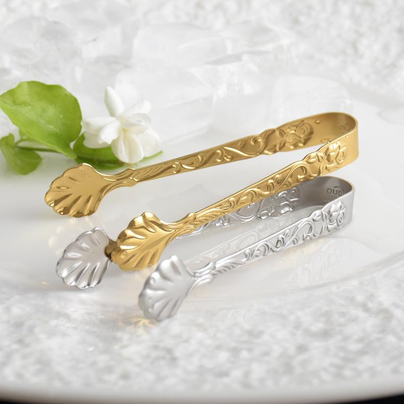 2pcs Food Clip Stainless Steel Sugar Clamp Ice Tongs With Embossed Rose Flower Handle Tweezers Tongs For Candy Cookie Tea Clips