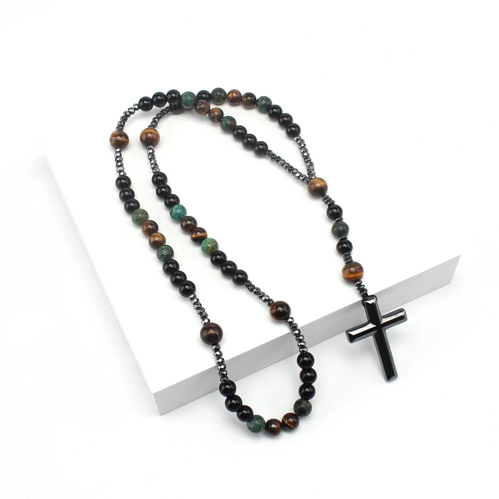 Natural Stone Turquoise &Tiger-eye Beads Cross Pendant Necklace Bohemia Colorful Bead Necklace Beads' Color Is Random