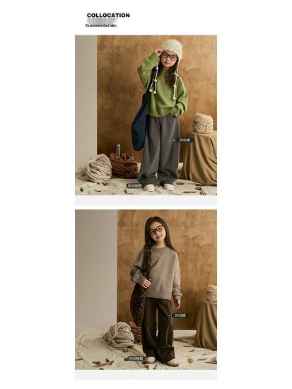 Children's Wool Ribbed Sweater - Round Neck, Cozy Autumn/Winter Base Layer for Girls