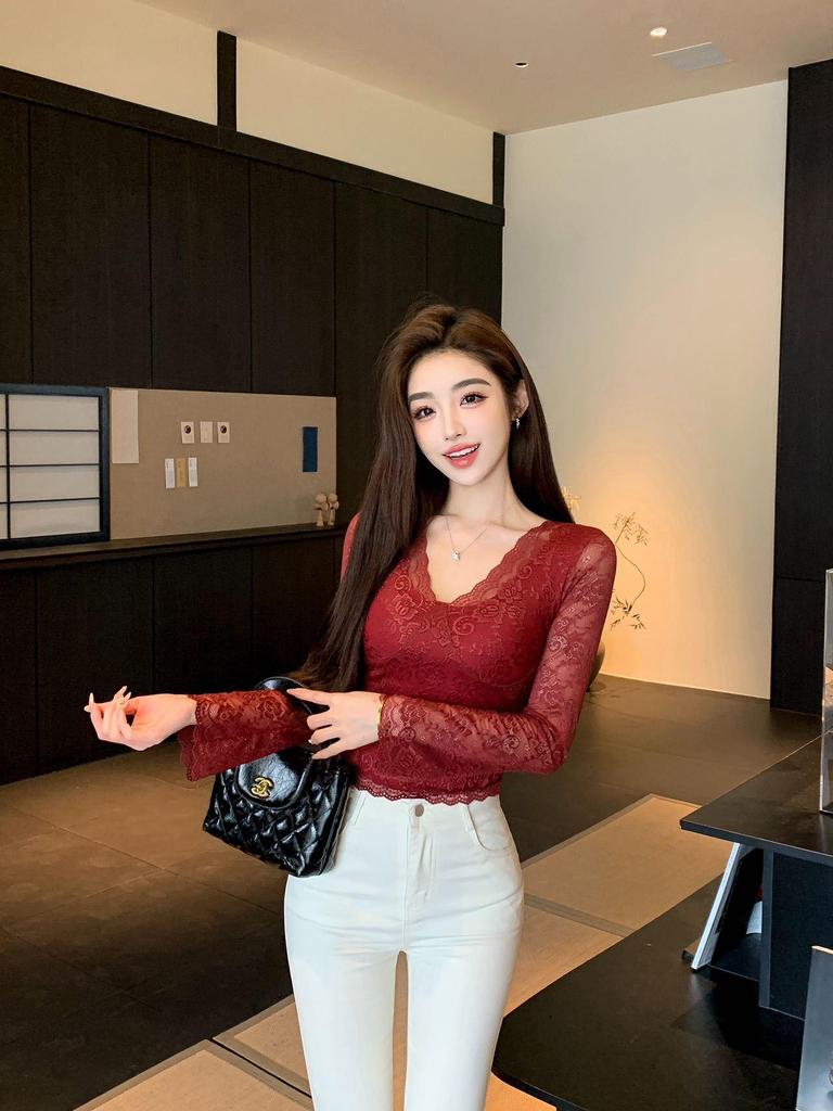 Lace Sexy V-neck Women's Long Sleeve T-shirt with Chest Pads