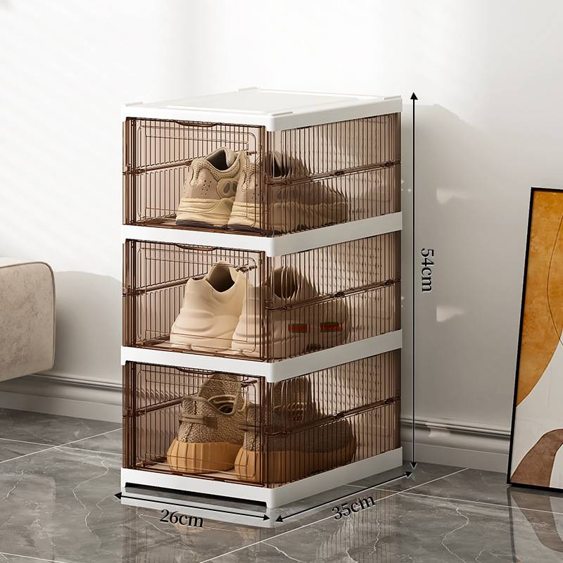 Drop Front Foldable Shoe Rack Collapsible Storage Box Stackable Plastic Bin Tote With Free Standing Shoe Shelf Cabinet With Lid