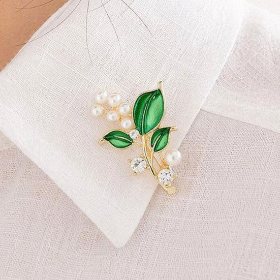 DYS Brooch Pin, Plant Shape Lapel Pin with Green Leaf Design, Imitation Pearl Rhinestone Combination Stable Buckle for Daily Commuting And Dress