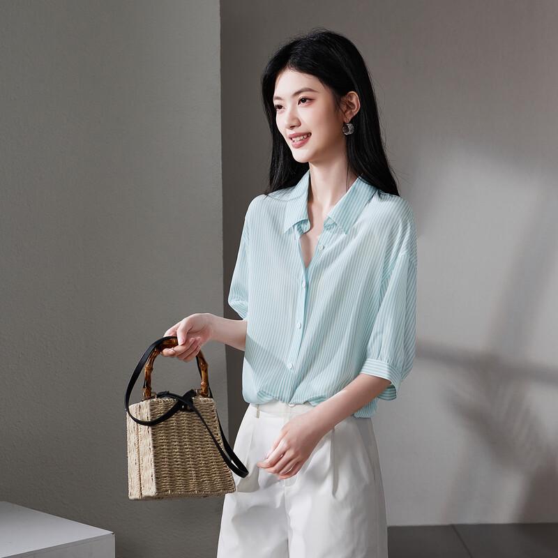 SOFSIL Women s 100% Silk Striped Lapel Shirt M