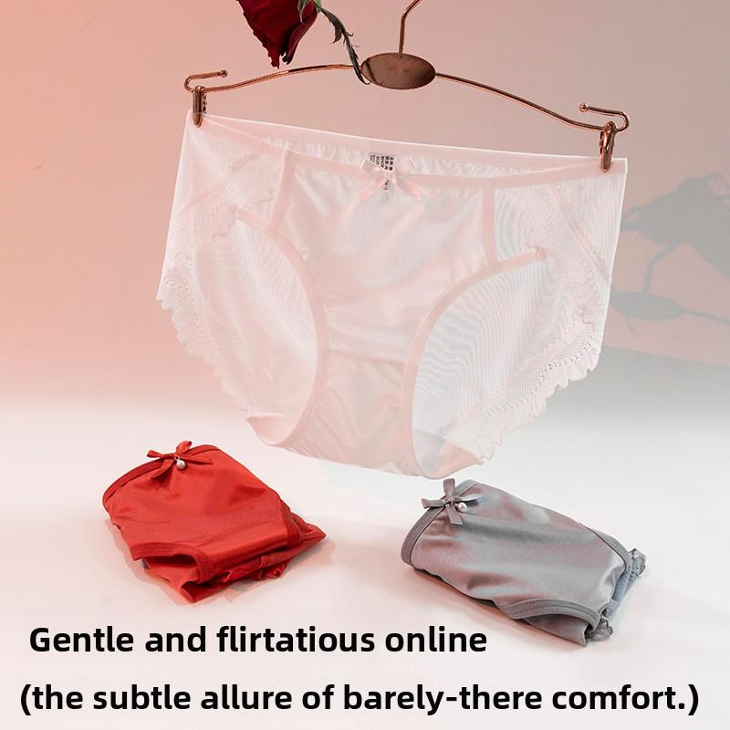 Women's Summer Fashion Satin Sexy Lace Semi Transparent Mesh Triangle Panties