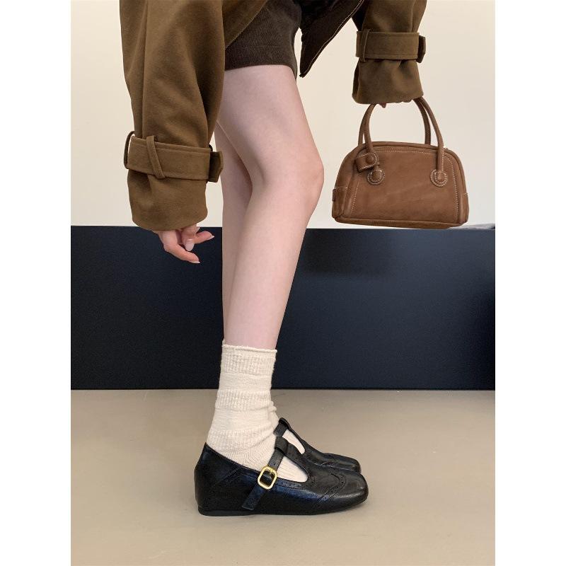 Inner heightening single shoes autumn retro suede one-pedal soft-soled Maillard Mary Jane ballet small leather shoes