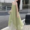 Green Mesh Splicing Suspender Dress Women's Summer New Beautiful Holiday Wind Floral Chiffon Dress