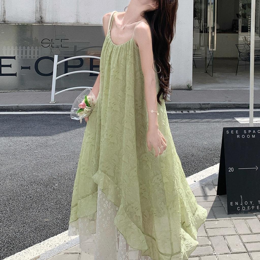 Green Mesh Splicing Suspender Dress Women's Summer New Beautiful Holiday Wind Floral Chiffon Dress