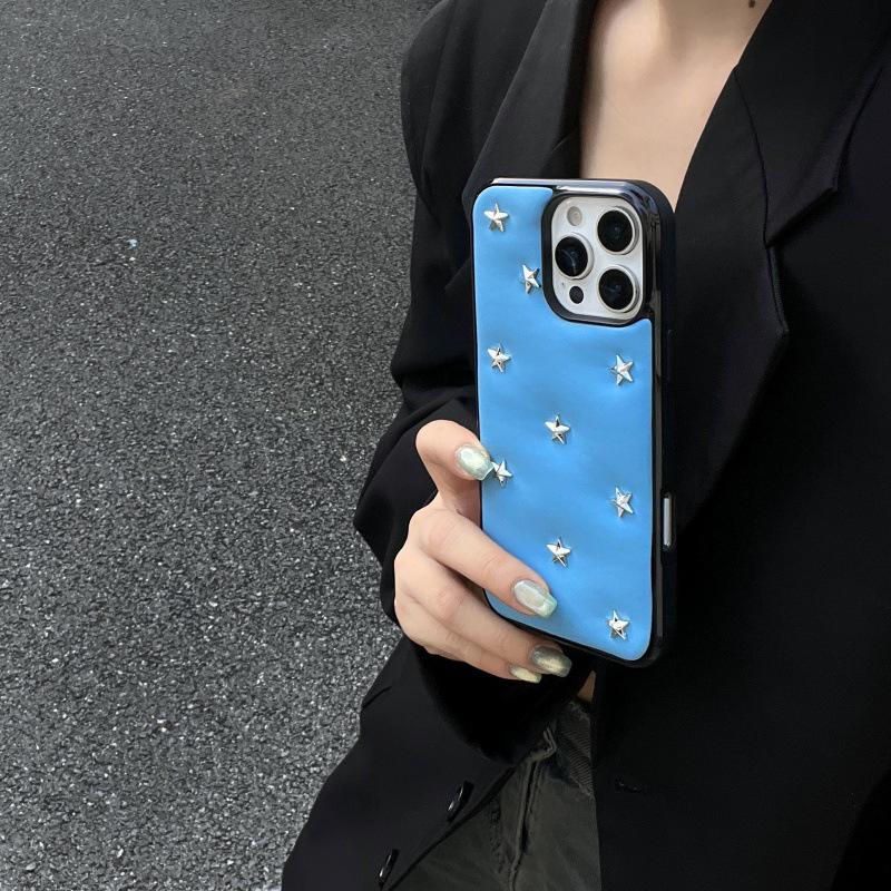 Cool Black Leather 3D Star Phone Case with Lanyard for iPhone 14/15/16 Pro/Pro Max