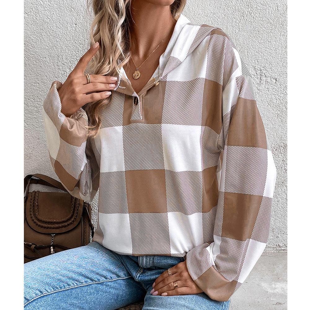 Europe, America autumn and winter new women's clothing neutral plaid printing loose casual fashion button hooded long-sleeved sweater