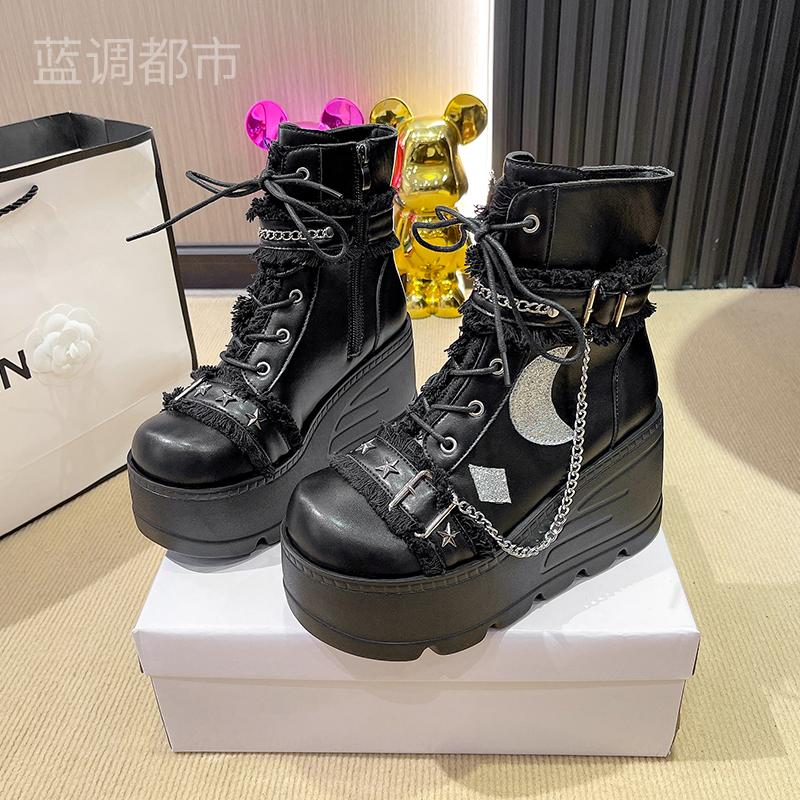 Fashion Platform Thick Gothic Boots Lady Buckle Autumn Women 9CM Wedges High Booties Punk Street Cosplay Botas Motorcycle Chain Shoes