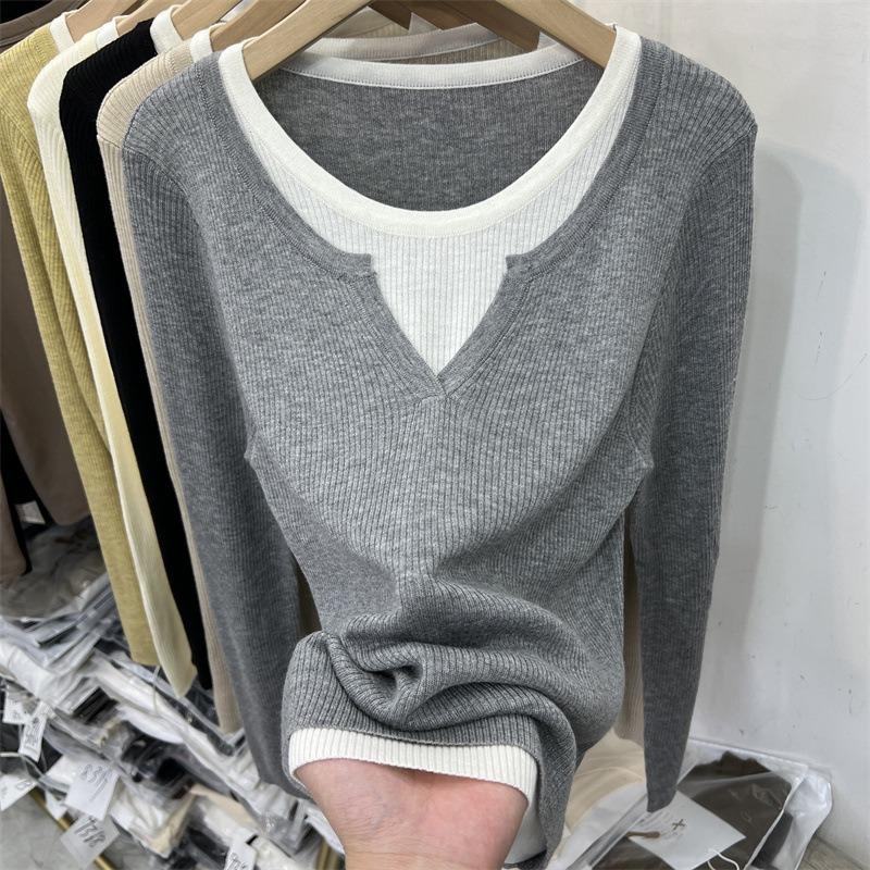 Contrasting Color Splicing Fake Two-piece Pit Strip Long-sleeved Knitted Sweater Women's Autumn and Winter New Slim-fitting Inner Bottoming Shirt Top