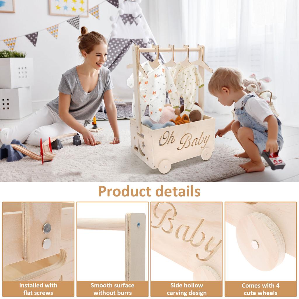 Baby Shower Basket Wood Storage Crate Baby Toys Clothing Organizer Box with Wheel and Hanger Baby Products for Home Bathroom