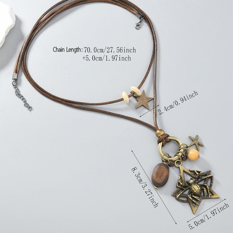Retro Gothic Jewelry Pieces Alloy Spiders Charm With Cord And Wood Bead Detailing