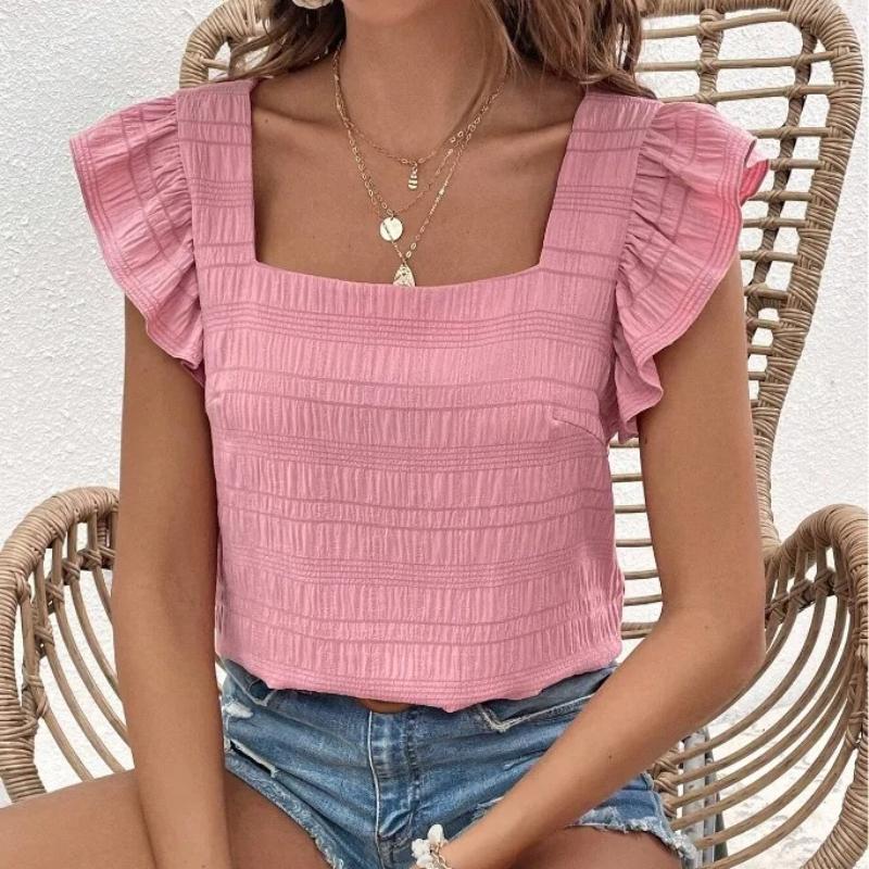 Solid Color Casual Blouses for Women Fashion Summer Fashion Women's Shirts Elegant Sweet Loose Ruffles Sleeve Female Tops