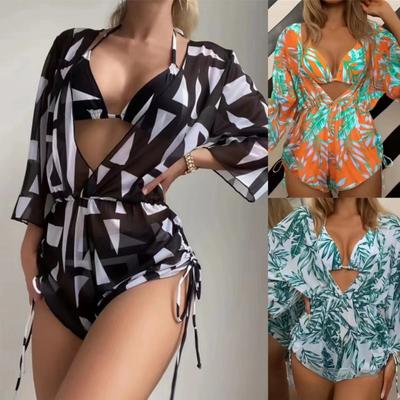 Sexy Three-Piece Suit Graceful Collar Printed Waist-Controlled Lace-up Skirt Swimsuit