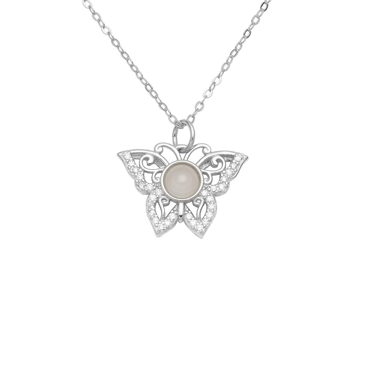 

S925 silver inlaid natural chalcedony butterfly necklace women s hollow zircon pendant sweet jewelry 925 silver