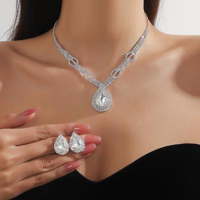 Elegante set di collana e orecchini con strass scintillanti, composto da due pezzi con un pendente a goccia in zircone di alta qualità