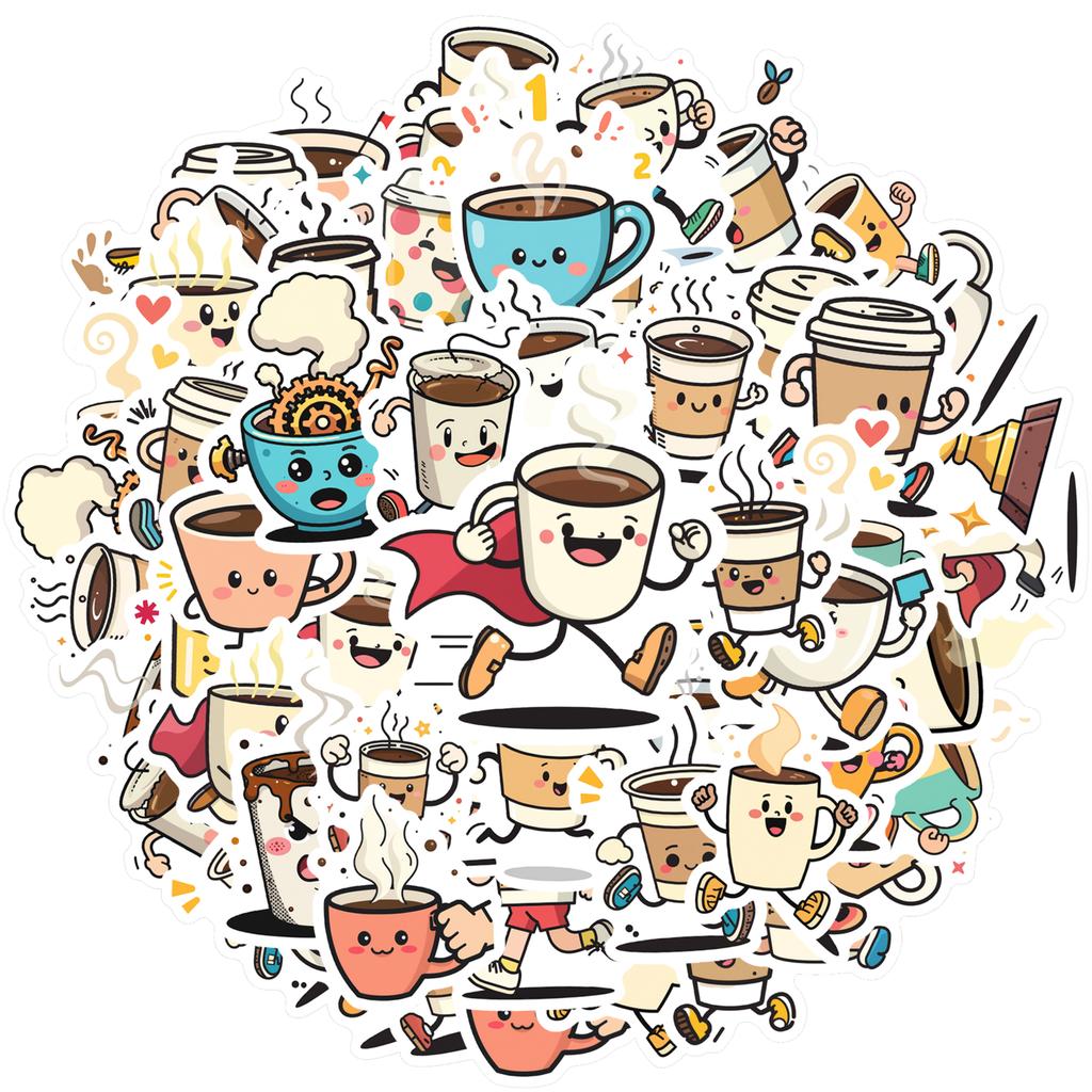 35-100pcs Cartoon Coffee Cup Stickers Waterproof Graffiti Diy For Scrapbook Laptop Water Bottles Coffee Shop Label Stickers