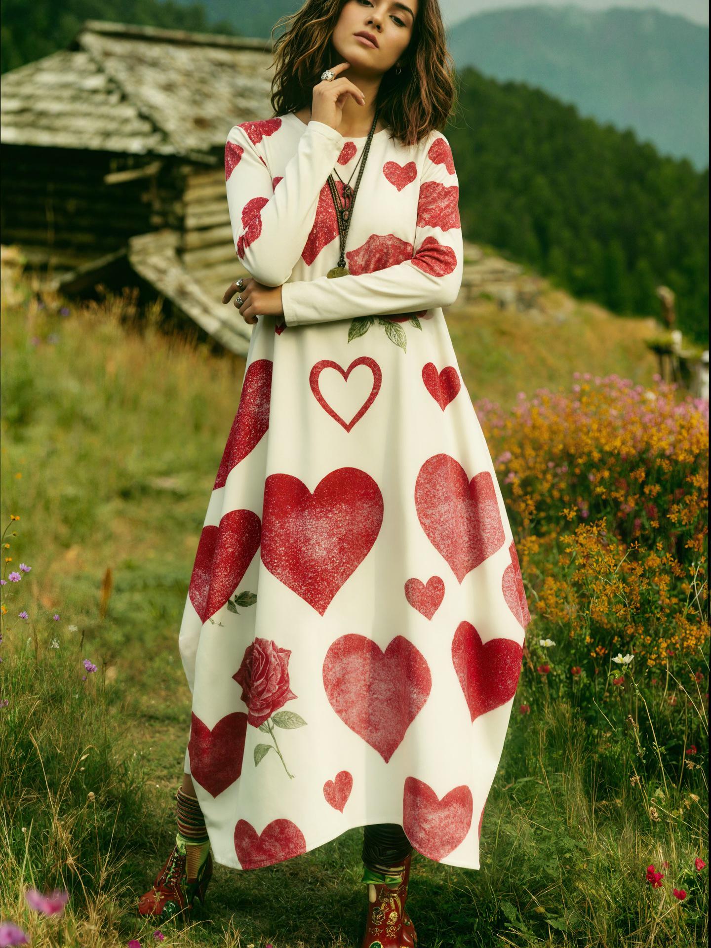 European Bohemian Heart Print Round Neck Long Sleeve Women s Dress (2026) Small цветочный