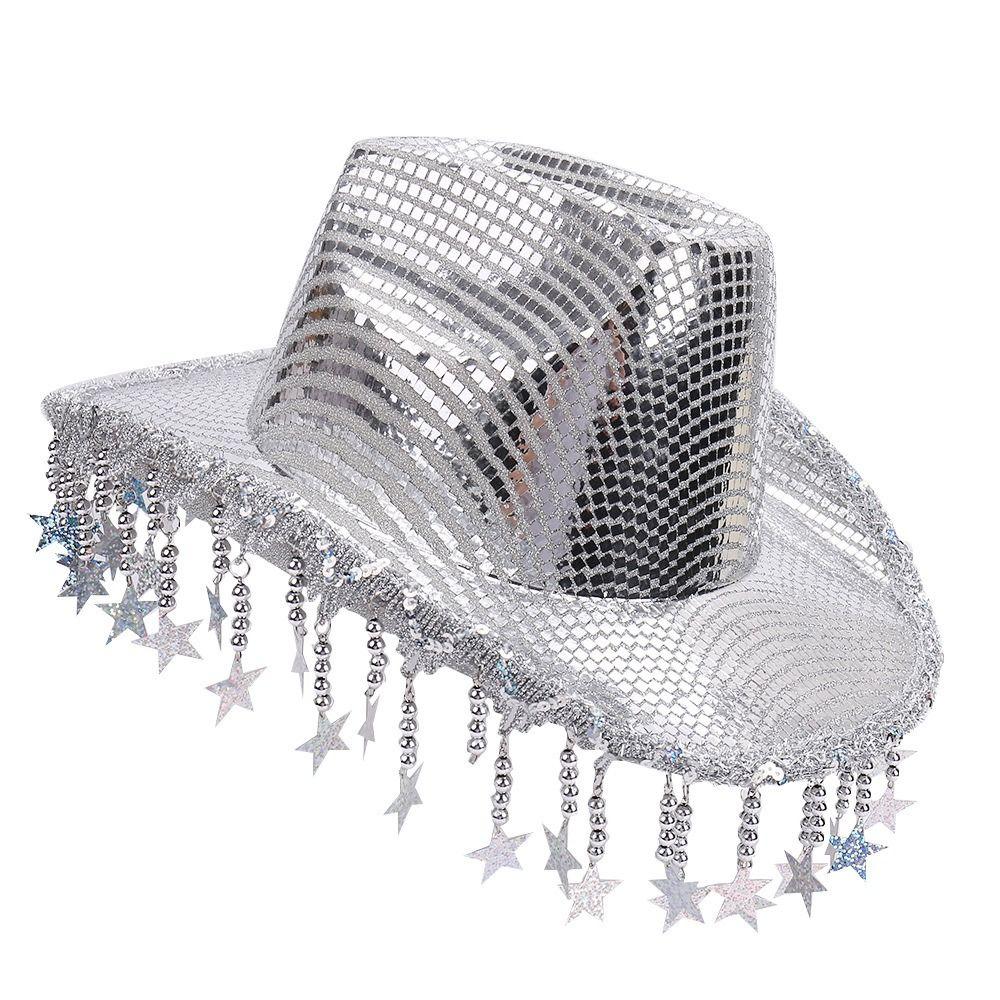 Vintage Shiny Sequin Western Cowboy Hat Gold Sparkle Glitter Jazz Hat Cap Wide Brim Summer Hat Costume Accessories