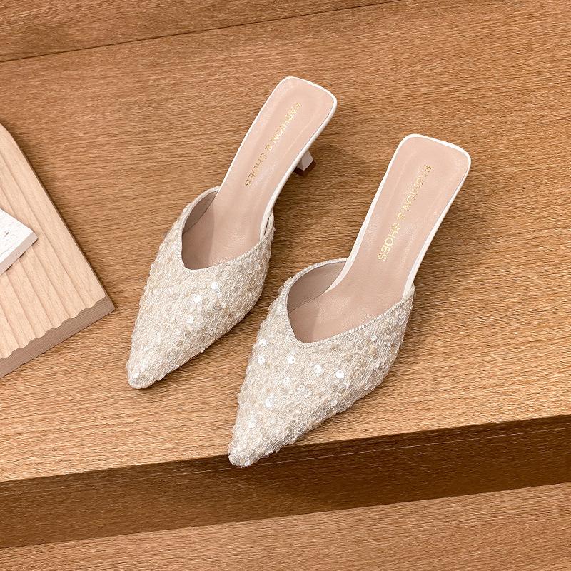 Baotou half slippers women's outer wear 2025 new pointed high heels women's thin heels versatile sequins fashion Mill shoes