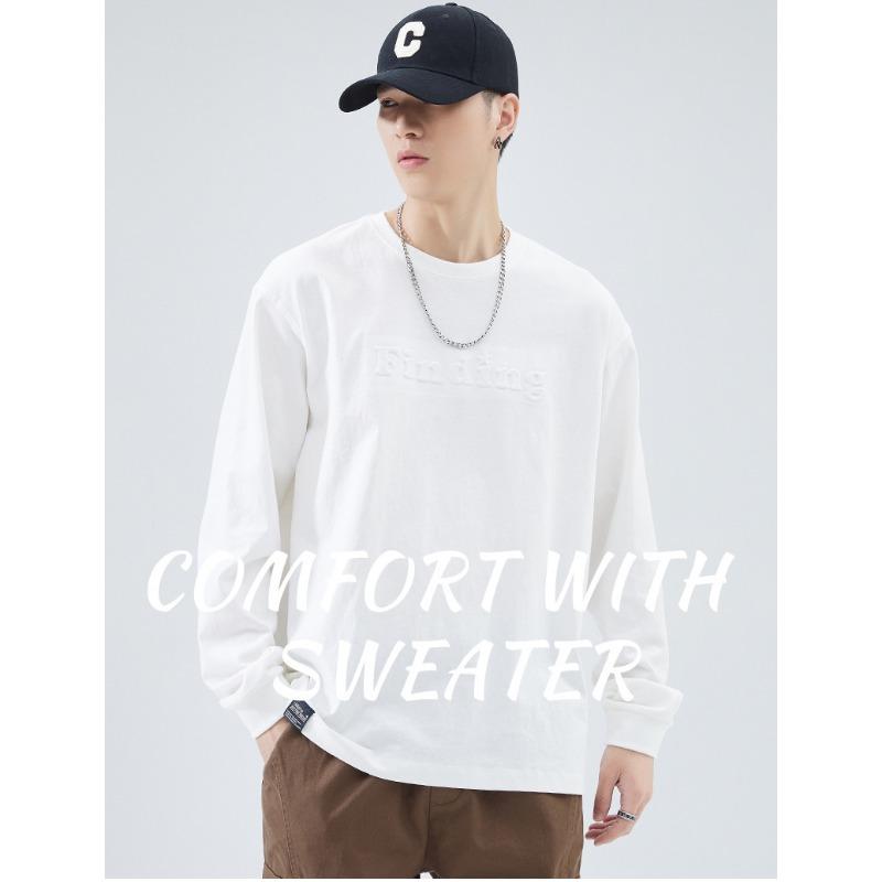Heavyweight Pure Cotton Men Long Sleeve Crew Neck Loose Casual T Shirt