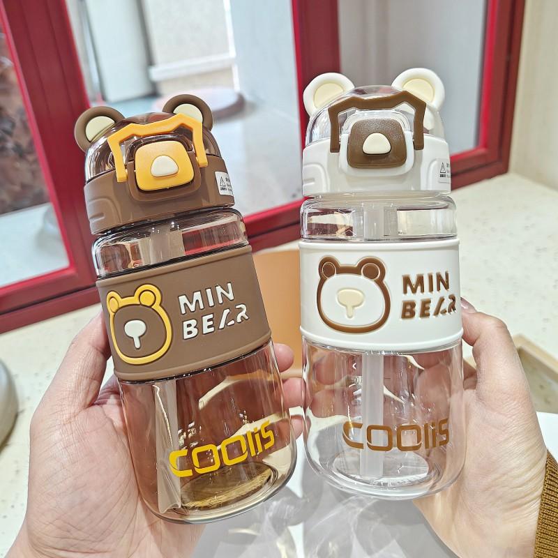 Garrafa de Água Fofa de Urso para Crianças com Canudo 500ml Copo de Plástico Portátil Estudantes Material de PC Livre de BPA Tampa Flip à Prova de Vazamentos