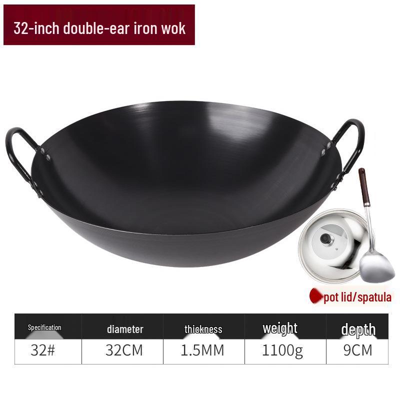 Classic Double-Ear Nitrided Iron Wok: Non-Stick, No Coating, Induction Compatible, Ideal for Home Stir-Frying