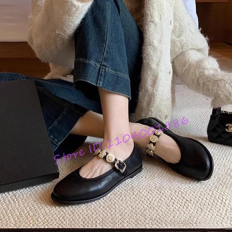 Retro Runde Spitze Ballerinas Designer Metall-Dekor Flache Mary Jane Schuhe Elegante Damen Weiche Sohle Komfort Damen Pumps