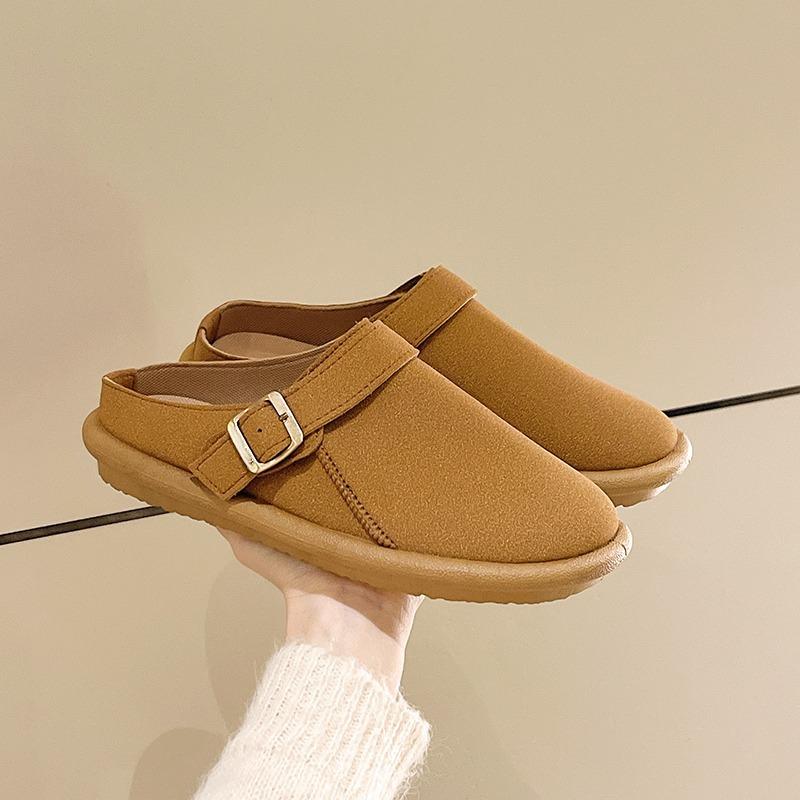 New Spring Baotou Slippers Round Toe Deep Mouth Versatile Matte Dependent Metal Buckle Soft Sole Slip-on Flat Shoes
