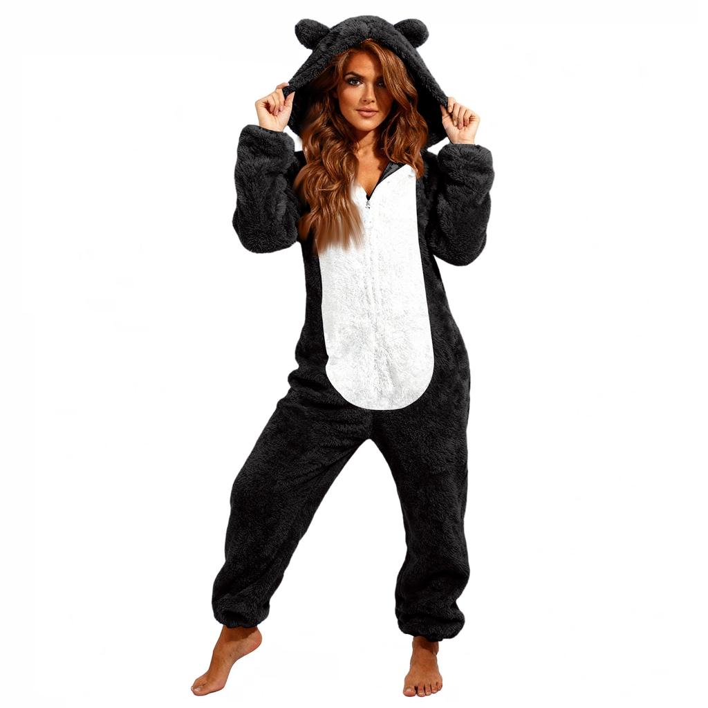 Women's Fashion Fleece-Lined Thickened Fleece Hooded Pyjamas With Zip-Up Onesie
