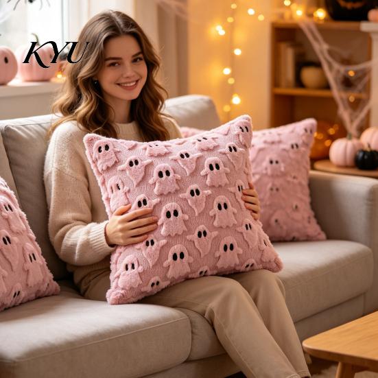 Cozy Halloween Ghost Cushion Covers 2Pcs Covers, Plush Throw Pillow 18x18 Decorative Pillowcase Inch Cases for Sofa Bed Couch Chair Theme Home