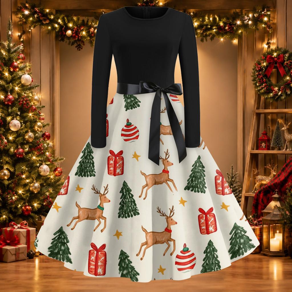 Women's Vintage Christmas Print Round Neck Casual Dress