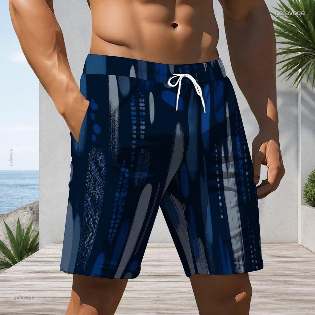 Men s Blue Ink Splatter Print Beach Shorts Quick Dry Drawstring Casual Shorts With Pockets For Summer Swimming Surfing