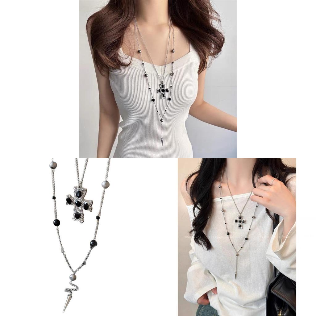 Kawaii Y2k Gothic Cross Layered Necklace With Titanium Steel Chain For Women And Men