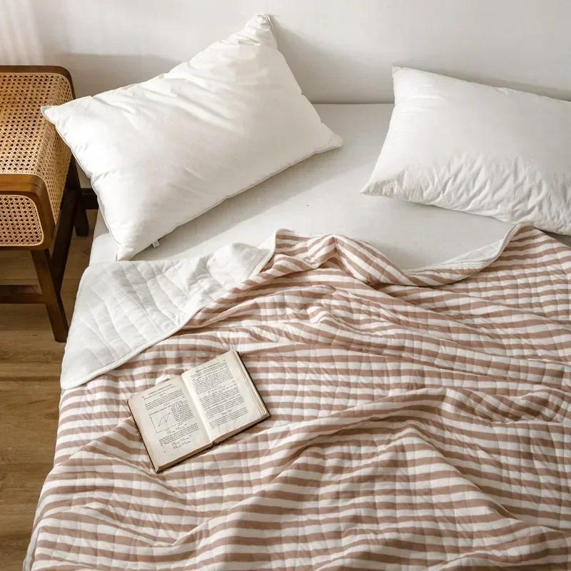 Coperta estiva a righe in 100% cotone per letto, morbida trapunta per letto matrimoniale adatta alla pelle, trapunta sottile traspirante per aria condizionata estiva