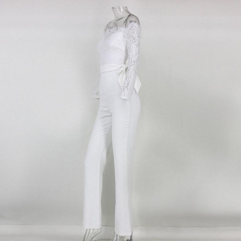 Off-Shoulder Jumpsuit med Blonde-Patchwork og Sommerfugldetaljer med Vide Ben