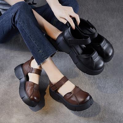 5CM Handgefertigte Retro Plateau Sandalen Damen Sommer Keilabsatz Schuhe Runde Zehenpartie Echtes Rindsleder Komfort Vielseitige Sandalen